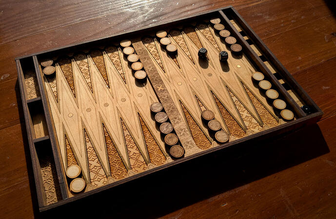 Premium Backgrammon Set A richly engraved showpiece for enthusiasts of classic board games. Designed and built exclusively by myself.